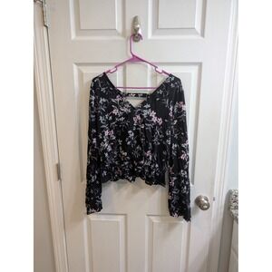 Express Floral Print Long Sleeve V Neck Criss Cross Back Cropped Top - Size S‎